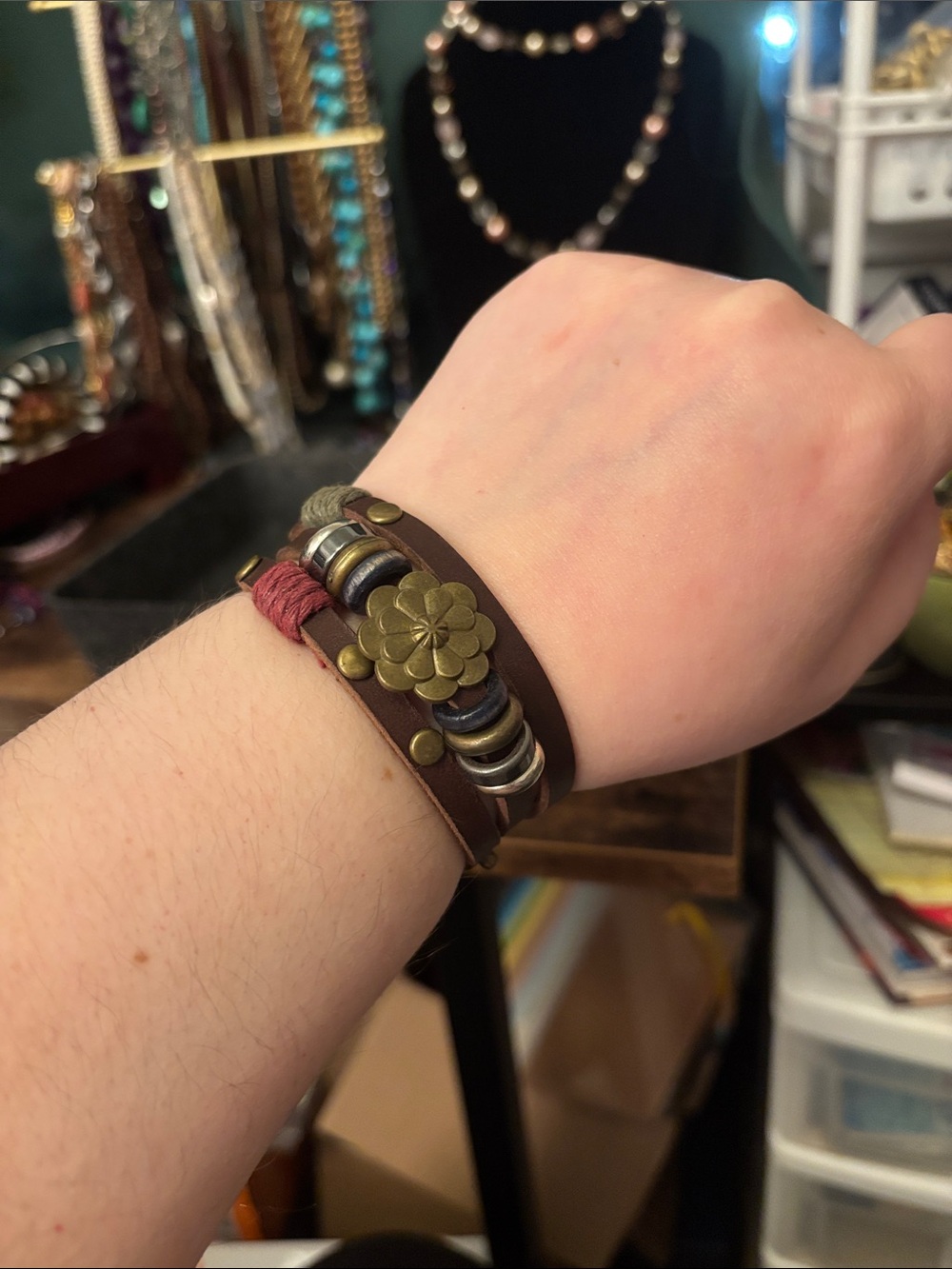 Brown Leather Flower Charm Multi-Row Bracelet